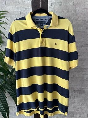 Tommy Hilfiger Yellow & Navy Blue Rugby Stripe Cotton Polo Shirt Size L